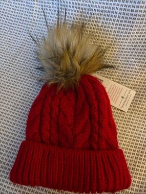 Locale Kids Red Cable-Knit Beanie with Faux Fur Pom